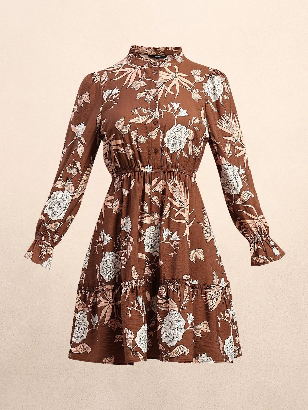 Brown Floral Print Mini Dress - Image 7