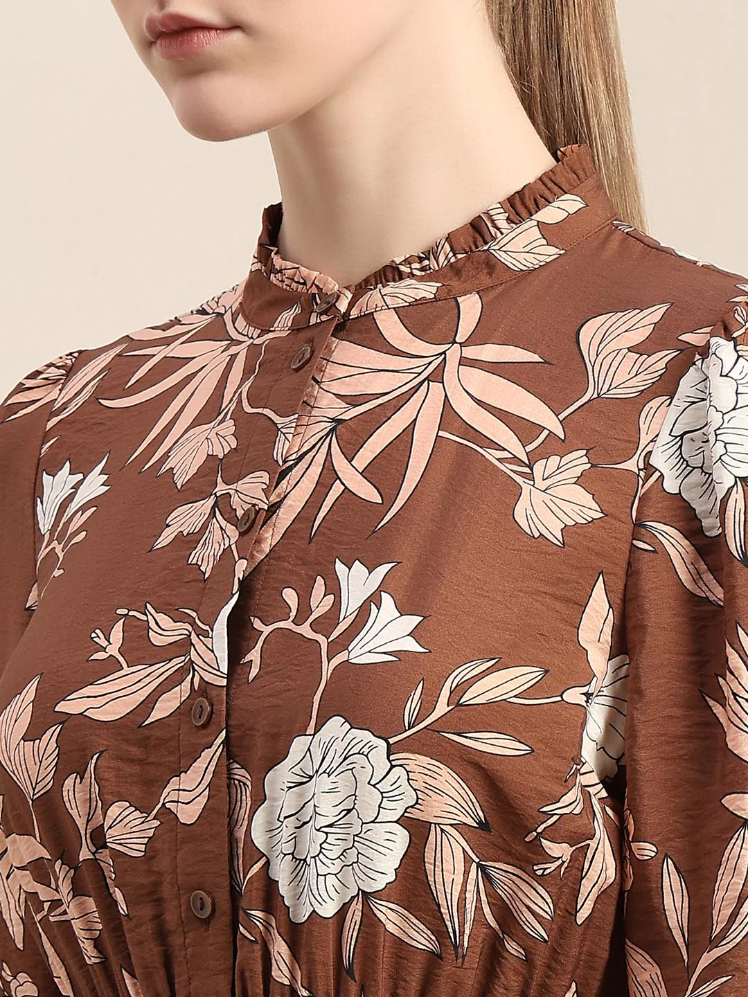 Brown Floral Print Mini Dress - Image 8