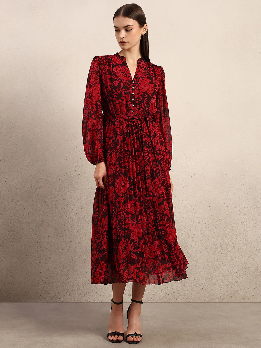 Red Floral Pleated Midi Dress - Image 2