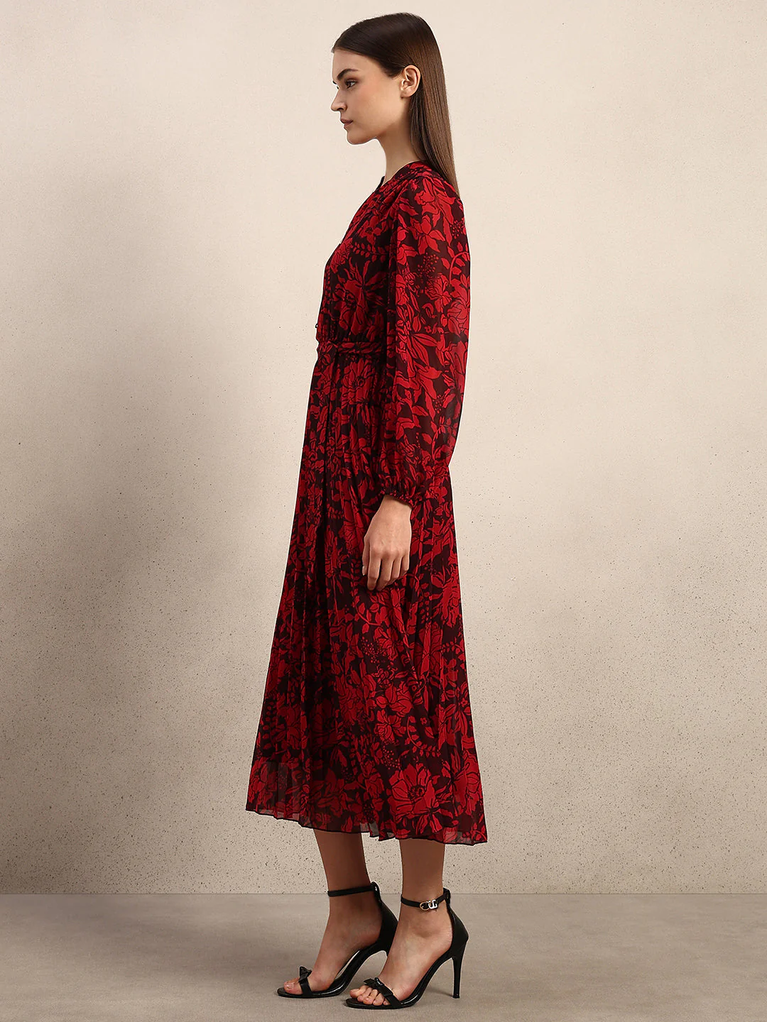Red Floral Pleated Midi Dress - Image 3