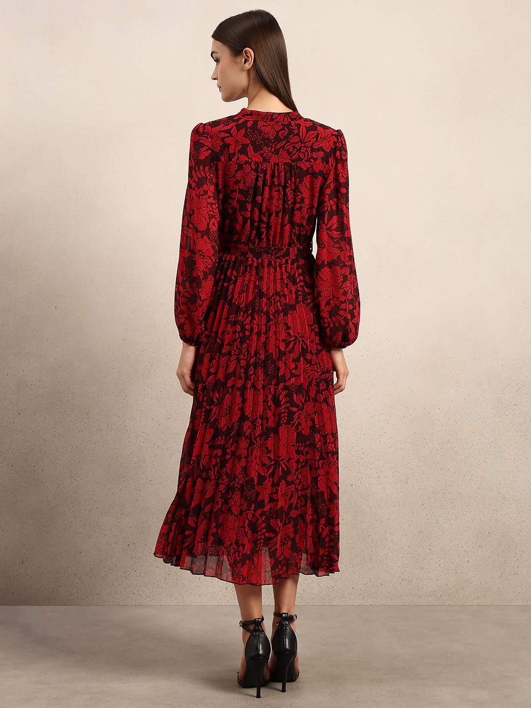Red Floral Pleated Midi Dress - Image 4