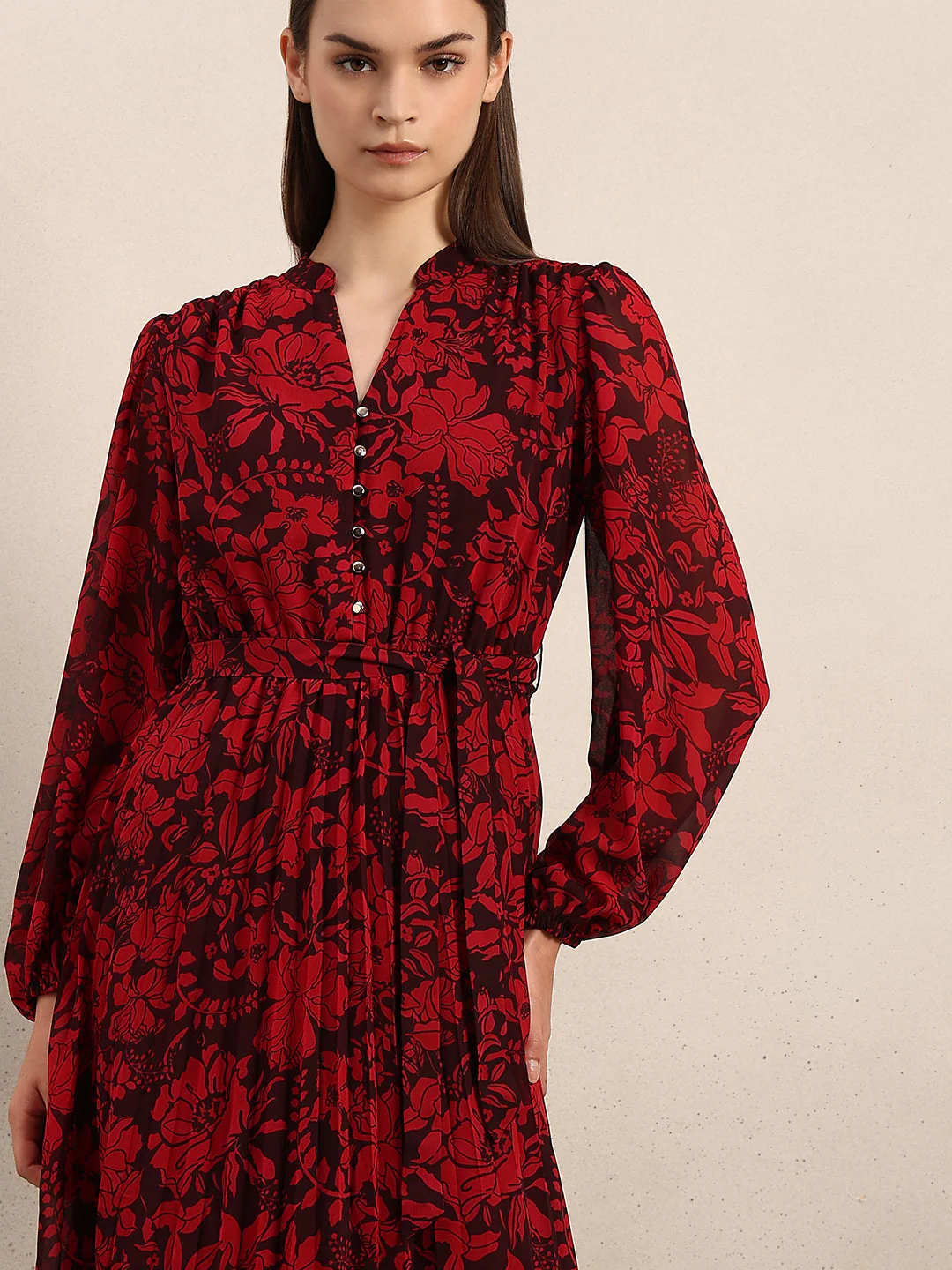 Red Floral Pleated Midi Dress - Image 5