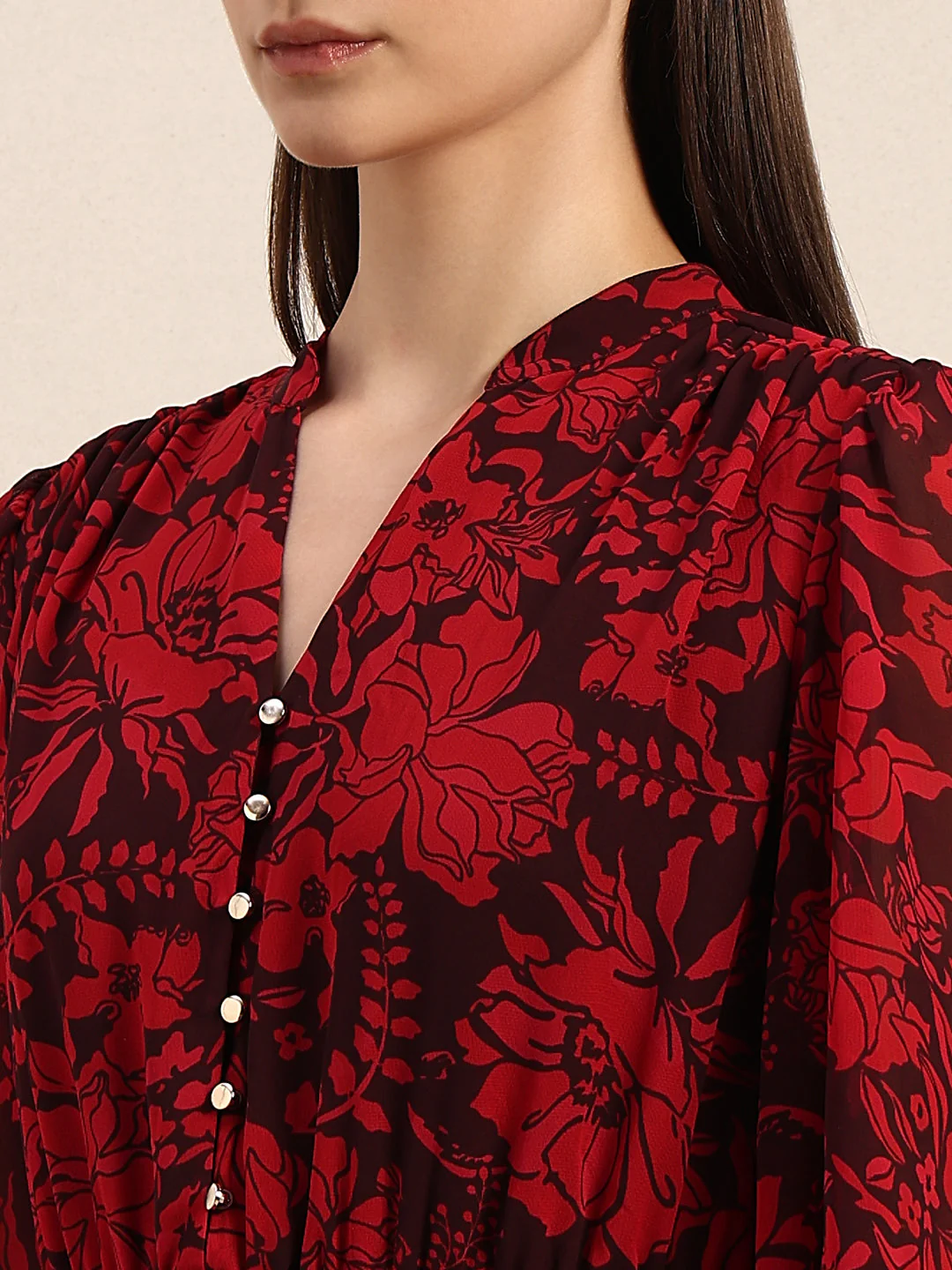 Red Floral Pleated Midi Dress - Image 6