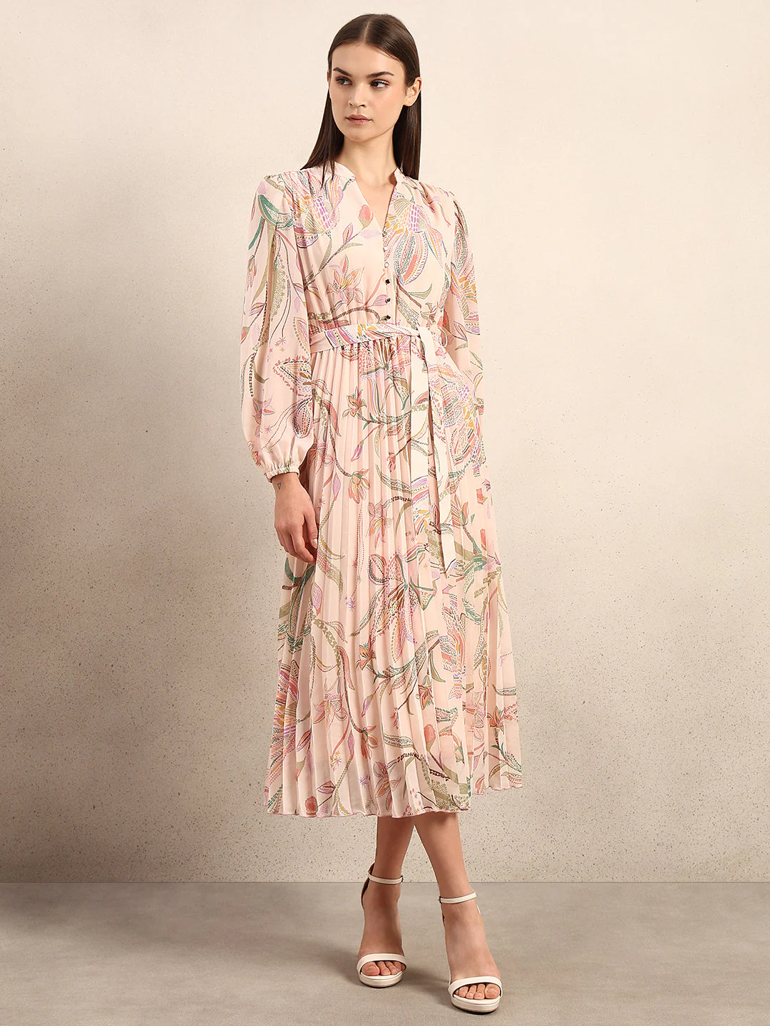 Peach Floral Pleated Midi Dress - Image 2