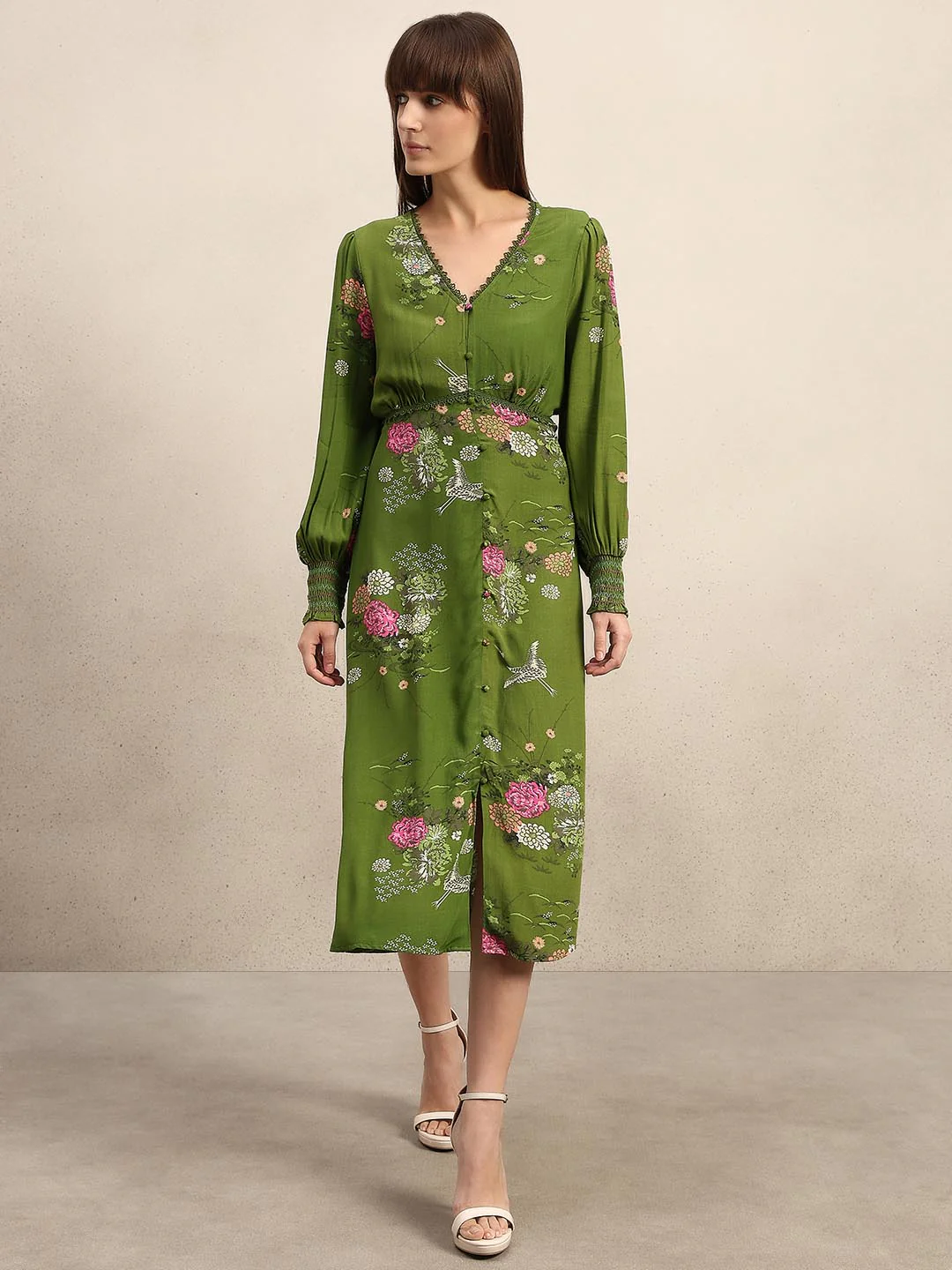 Green Floral Lace Midi Dress - Image 2