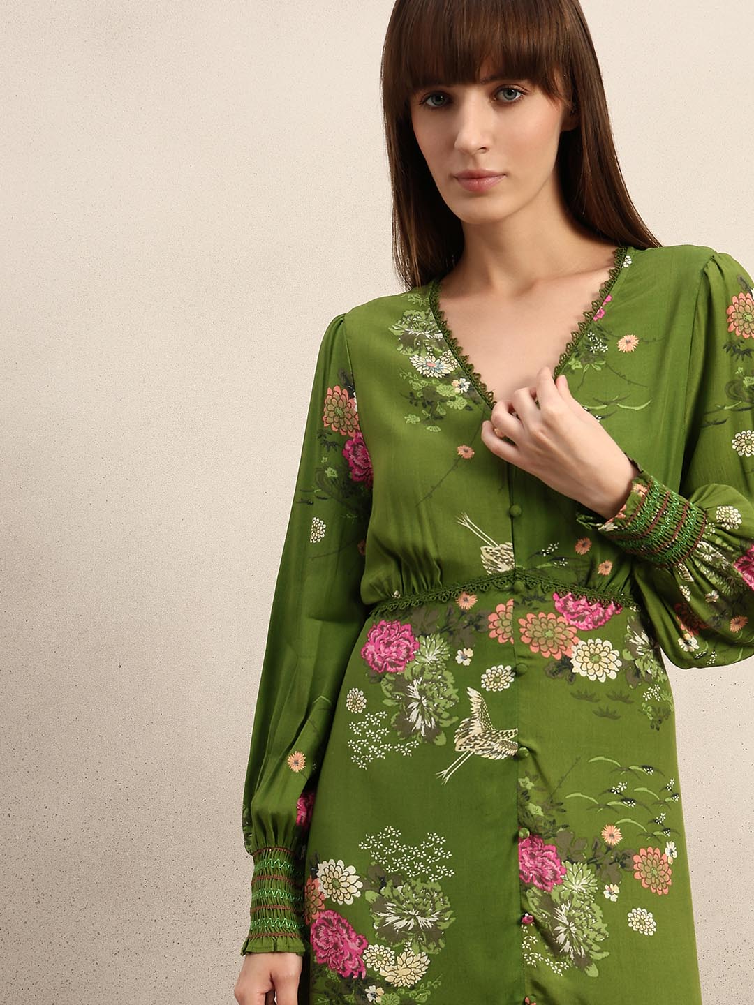 Green Floral Lace Midi Dress - Image 5