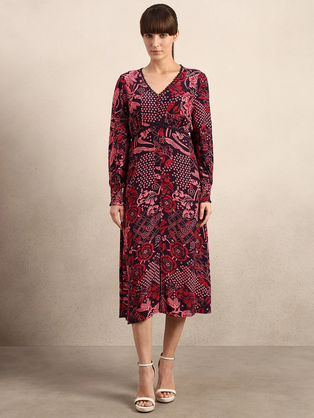 Printed V-Neck Full Sleeves Dress - Image 2