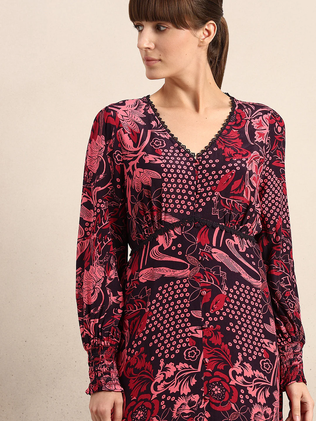 Printed V-Neck Full Sleeves Dress - Image 5