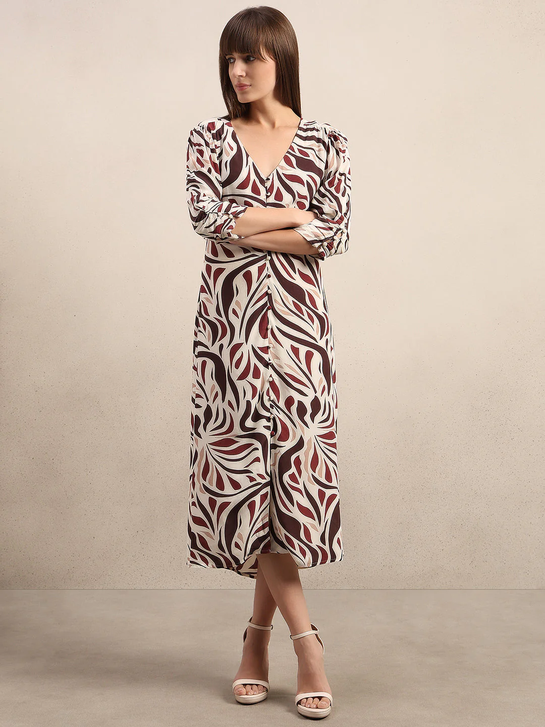 Ecru Printed V-Neck Dress - Image 2