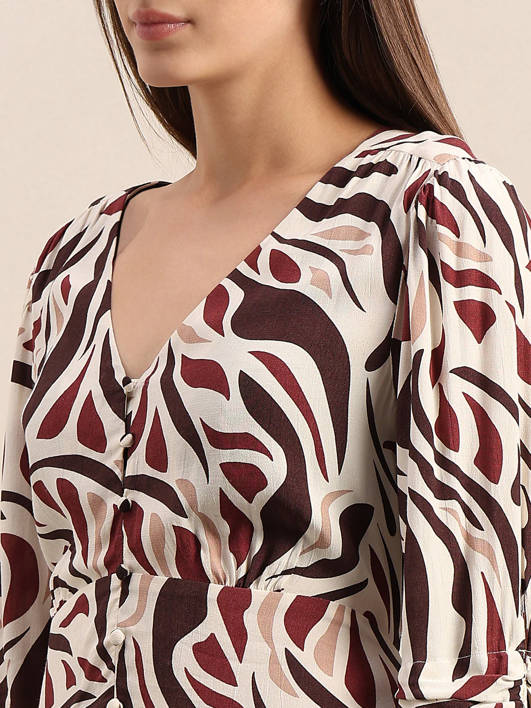 Ecru Printed V-Neck Dress - Image 6