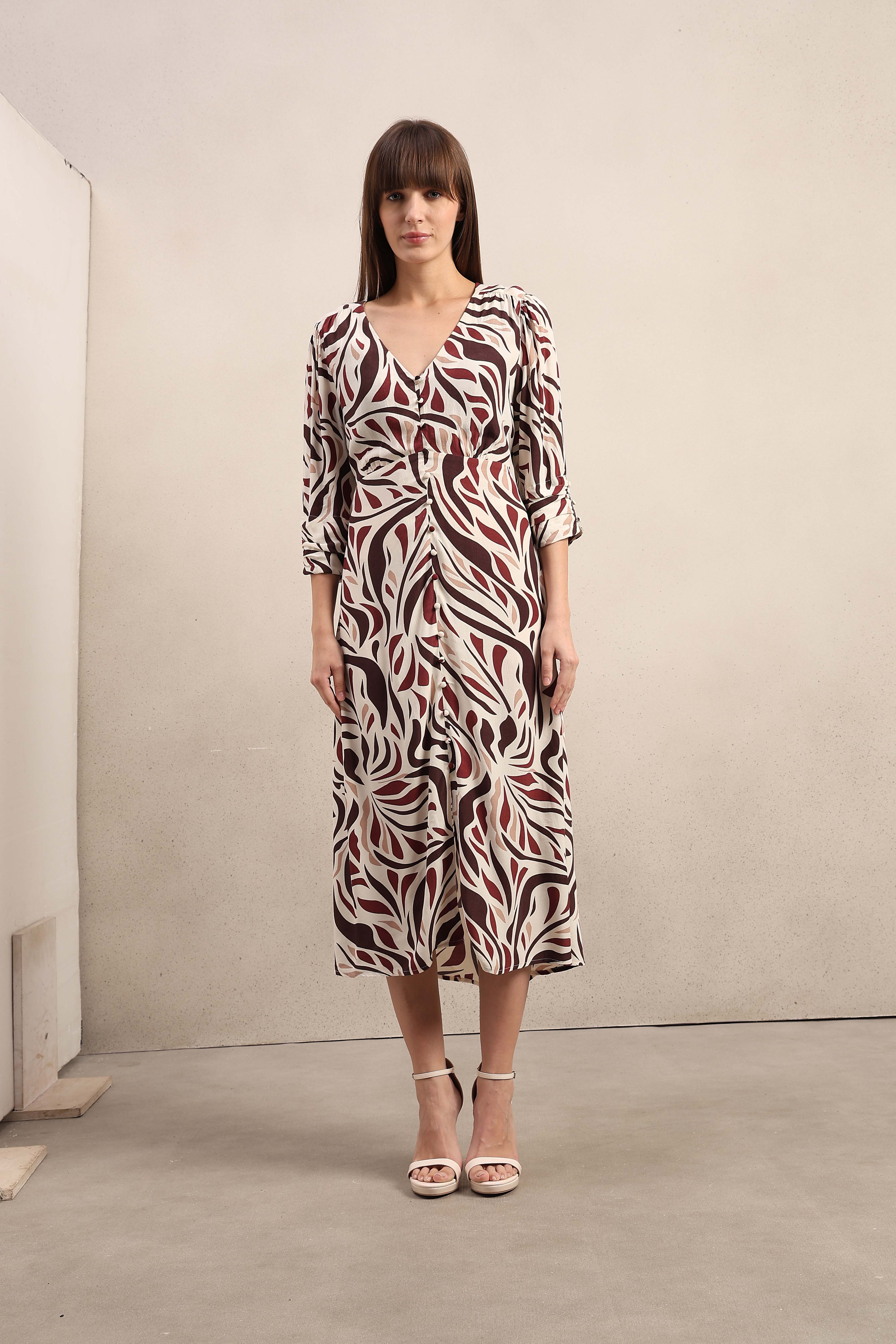 Ecru Printed V-Neck Dress - Image 8