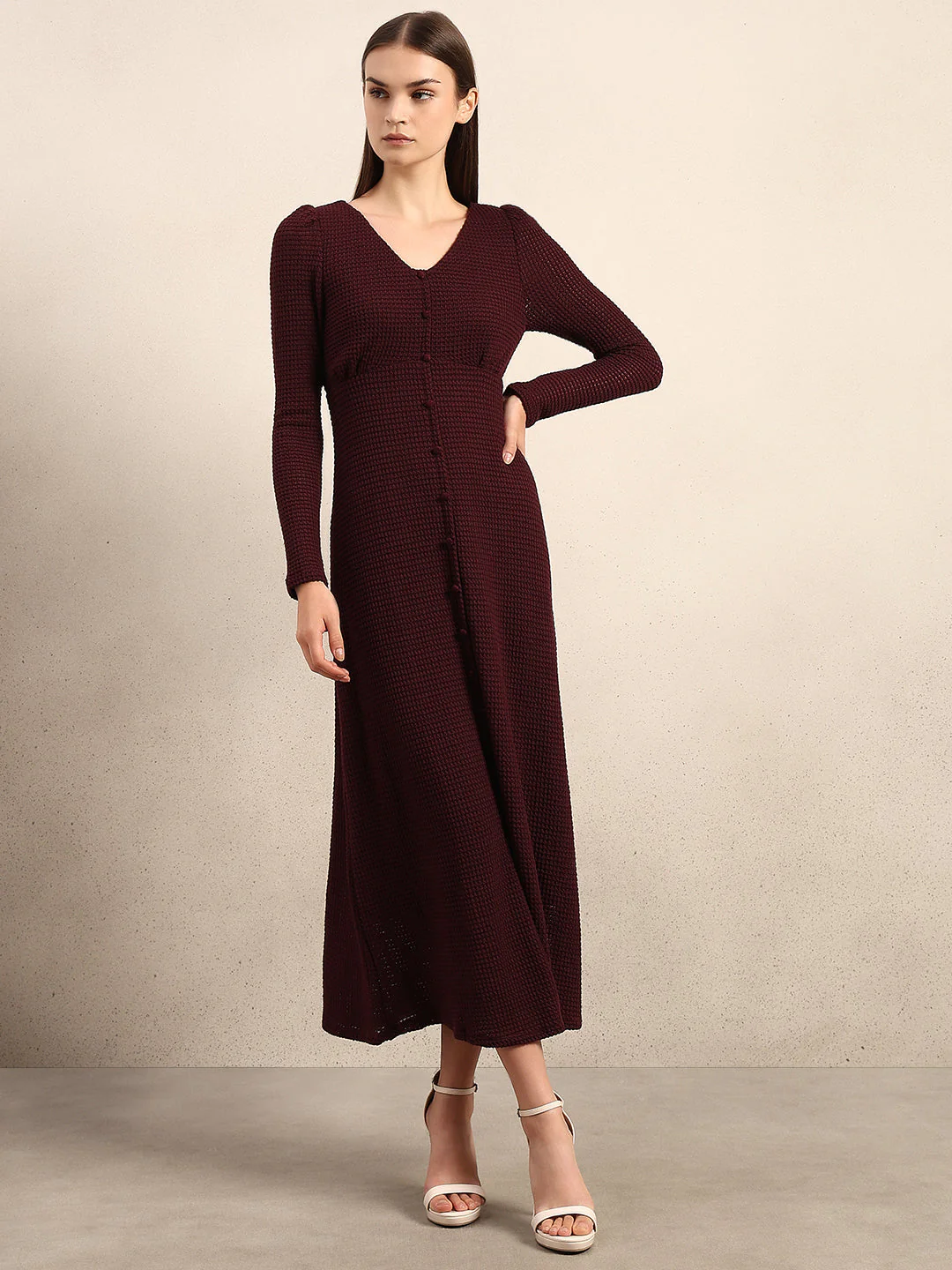 Burgundy Textured Midi Dress - Image 2