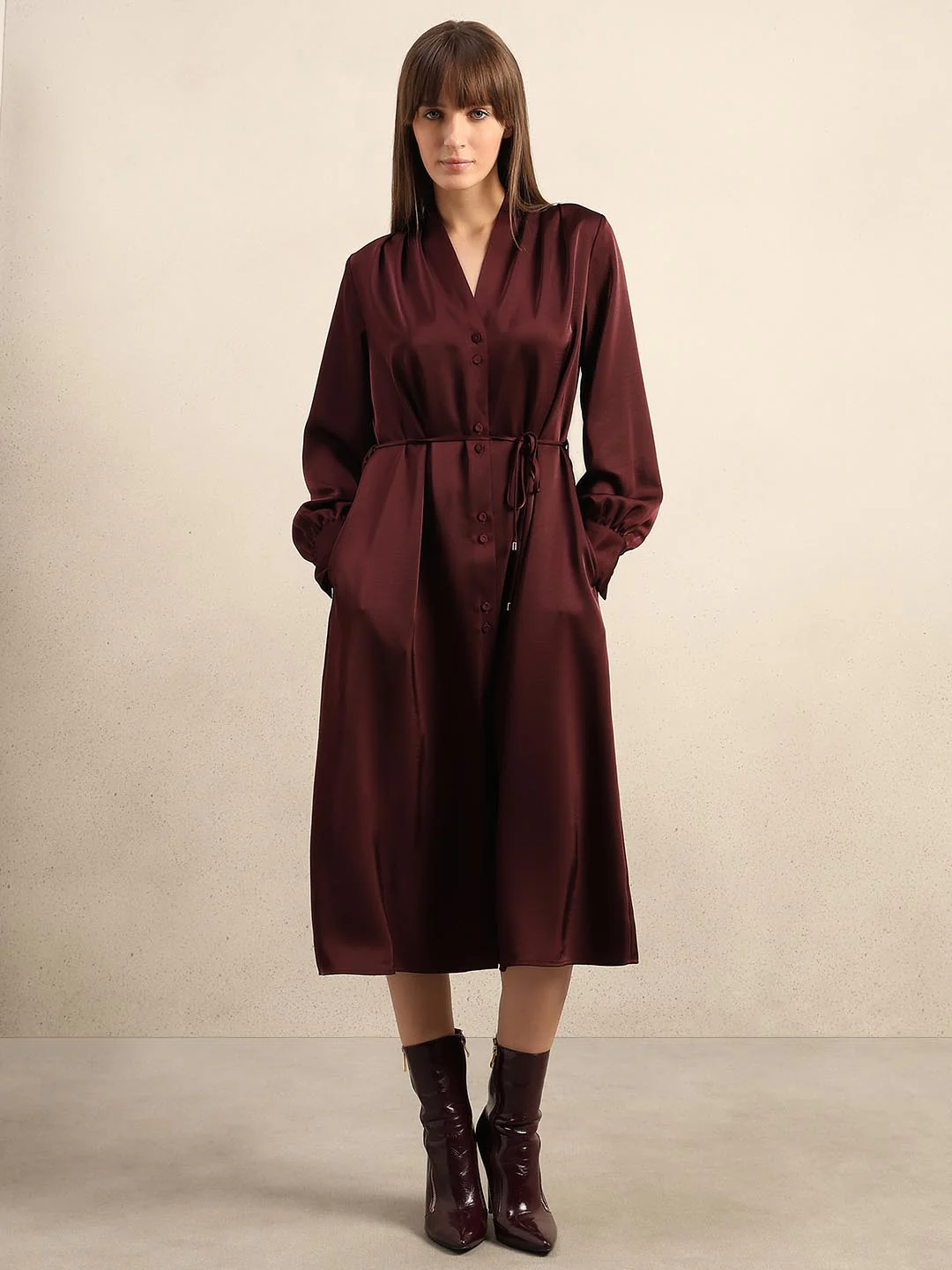 Maroon Satin Midi Dress - Image 2