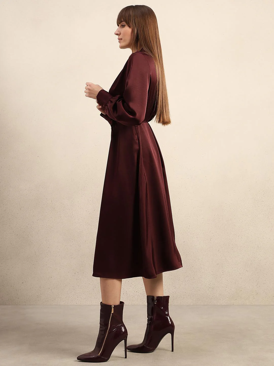 Maroon Satin Midi Dress - Image 3
