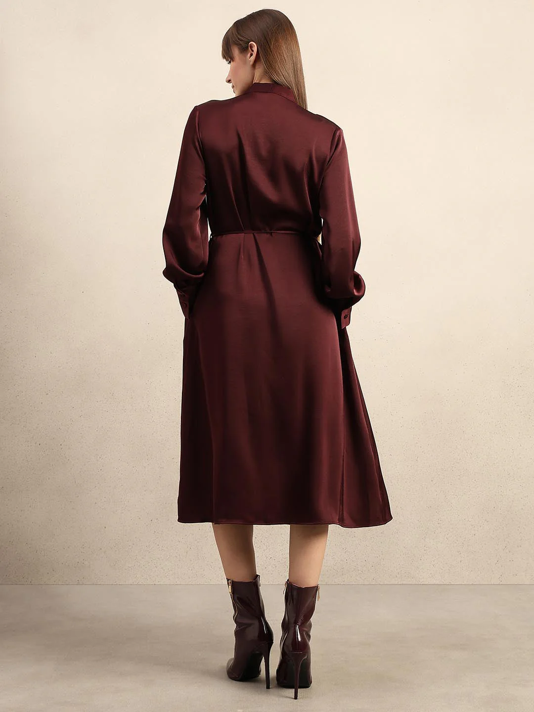 Maroon Satin Midi Dress - Image 4