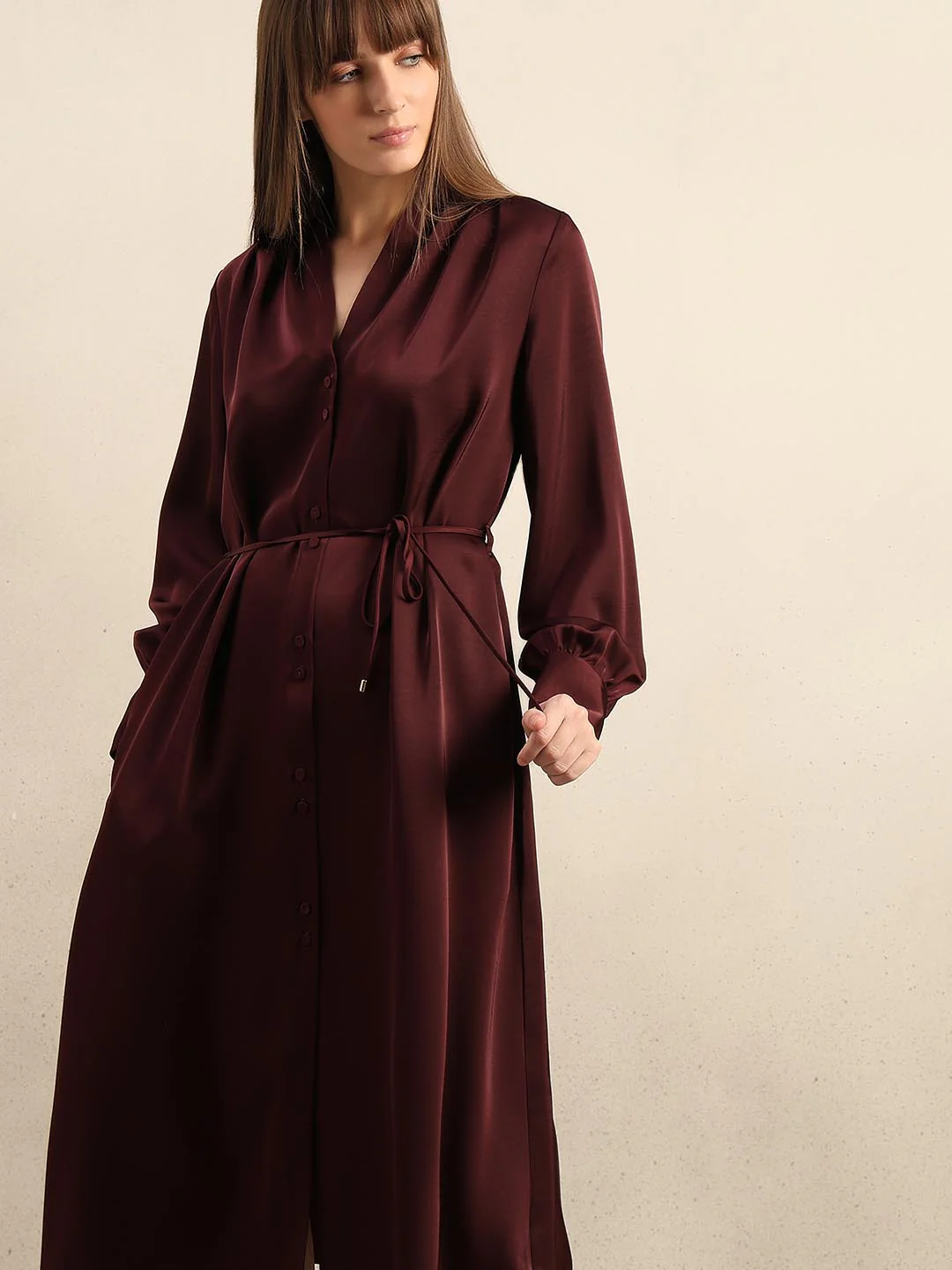 Maroon Satin Midi Dress - Image 5