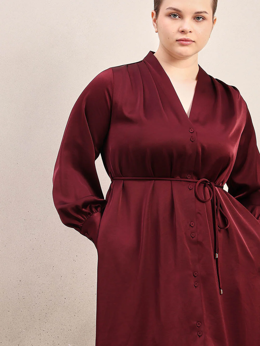 Curve Belted V-Neck Midi Dress - Maroon - Image 5