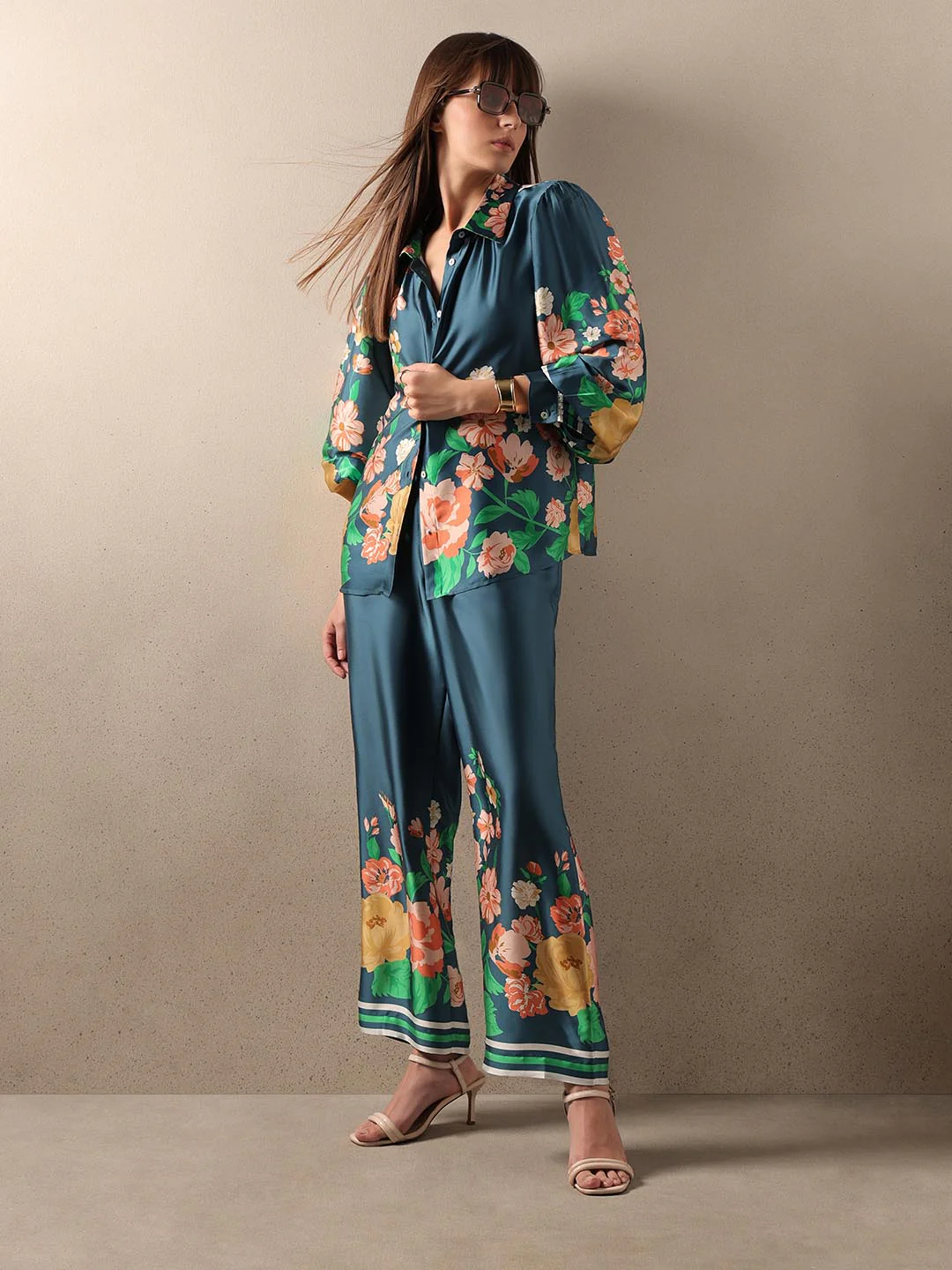 Teal Floral Straight Fit Pants