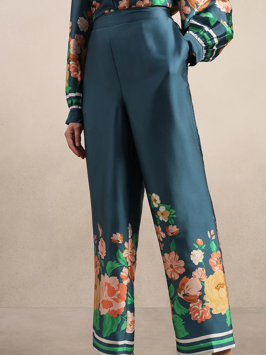 Teal Floral Straight Fit Pants - Image 6