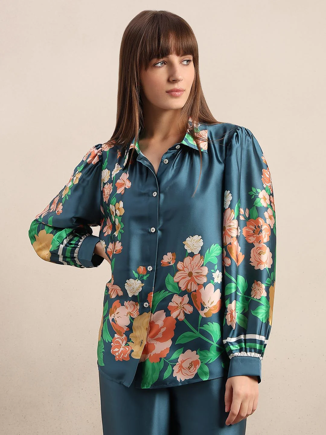 Teal Floral Satin Shirt - Image 2
