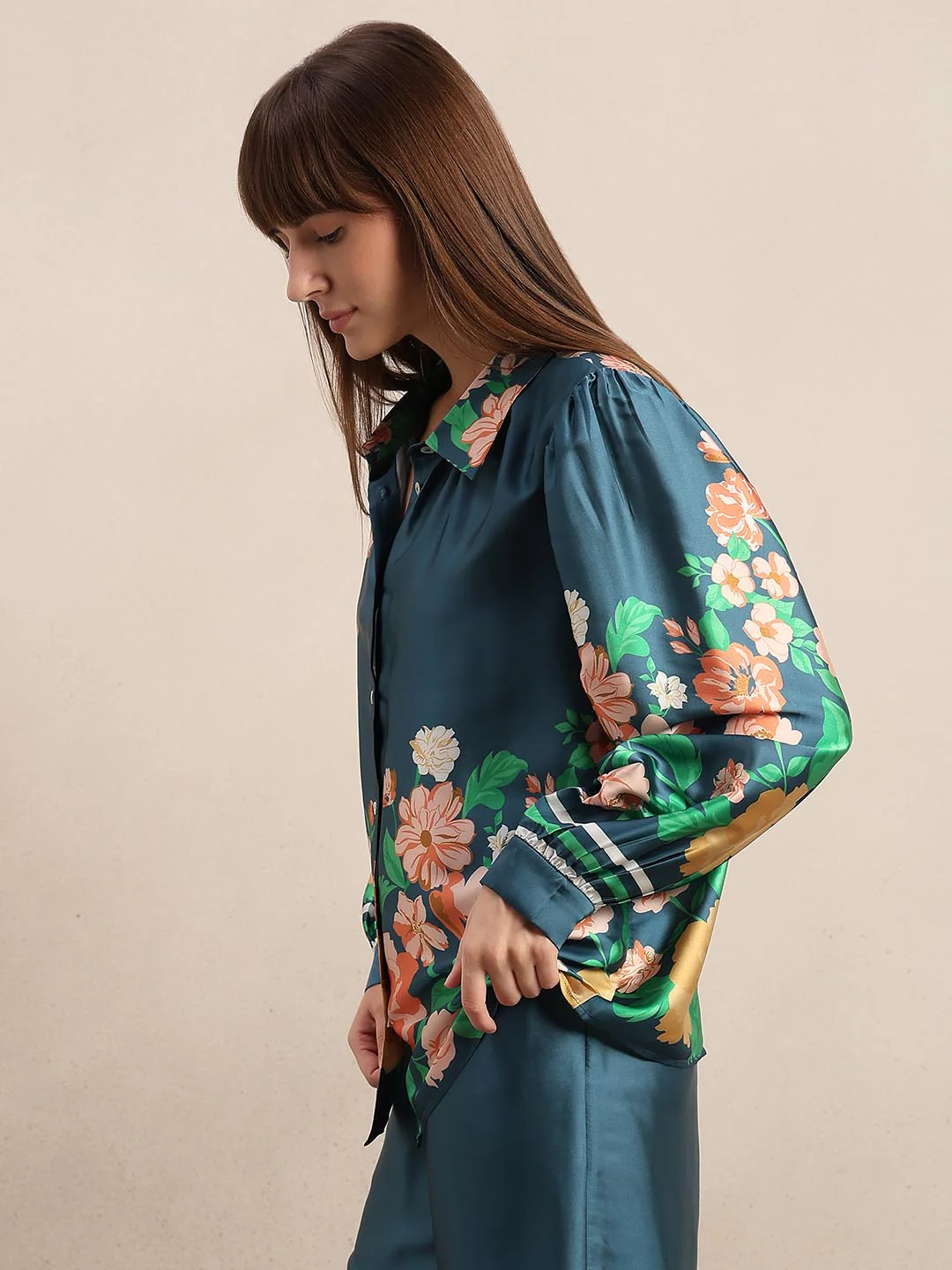 Teal Floral Satin Shirt - Image 3