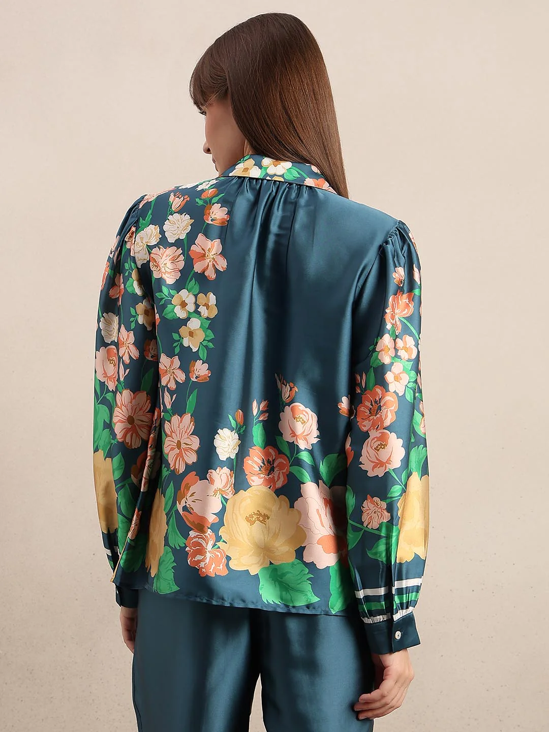 Teal Floral Satin Shirt - Image 4
