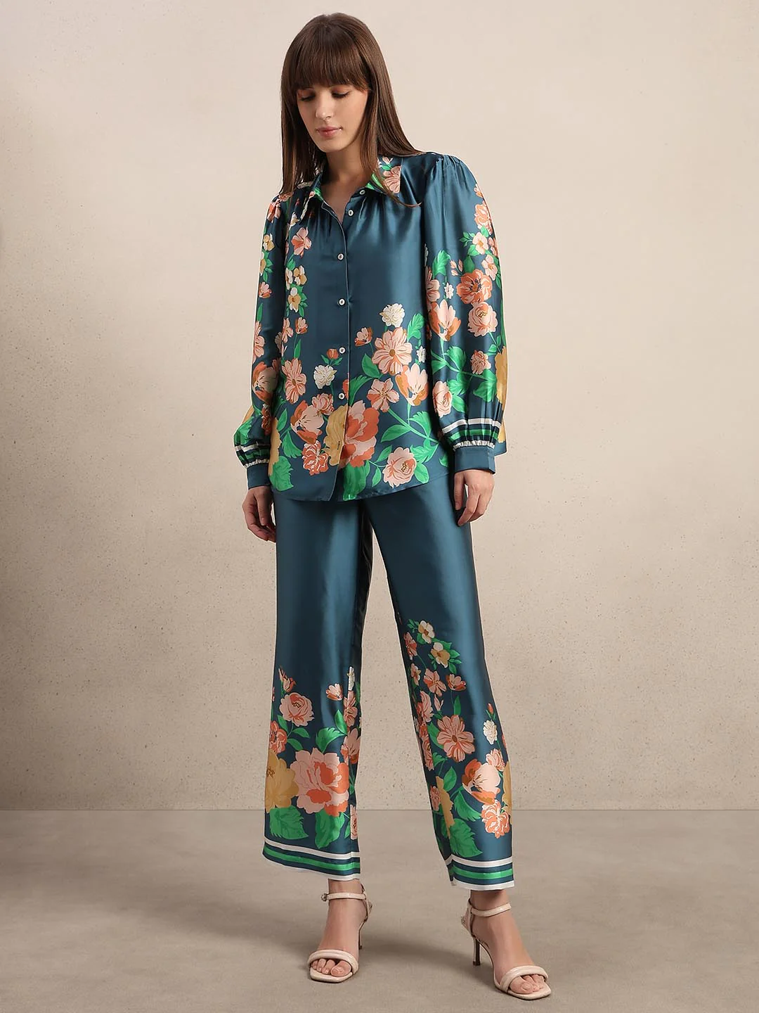 Teal Floral Satin Shirt - Image 5