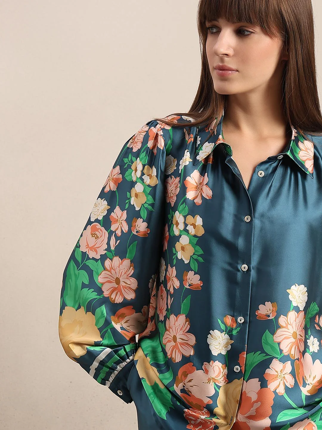 Teal Floral Satin Shirt - Image 6