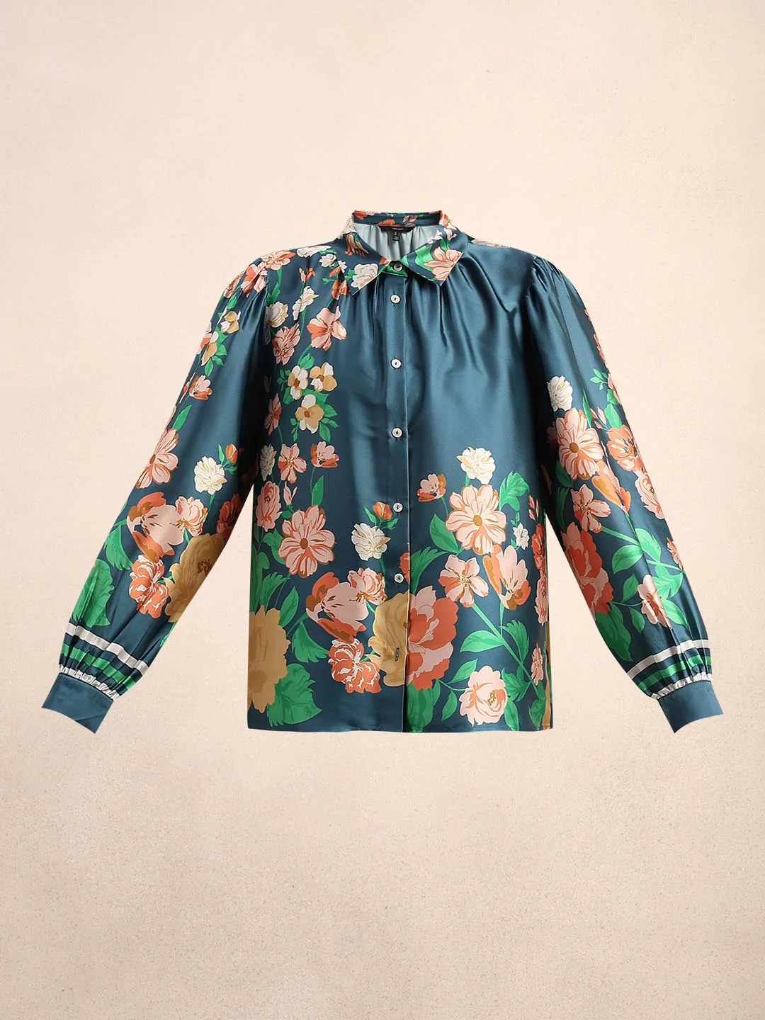 Teal Floral Satin Shirt - Image 7