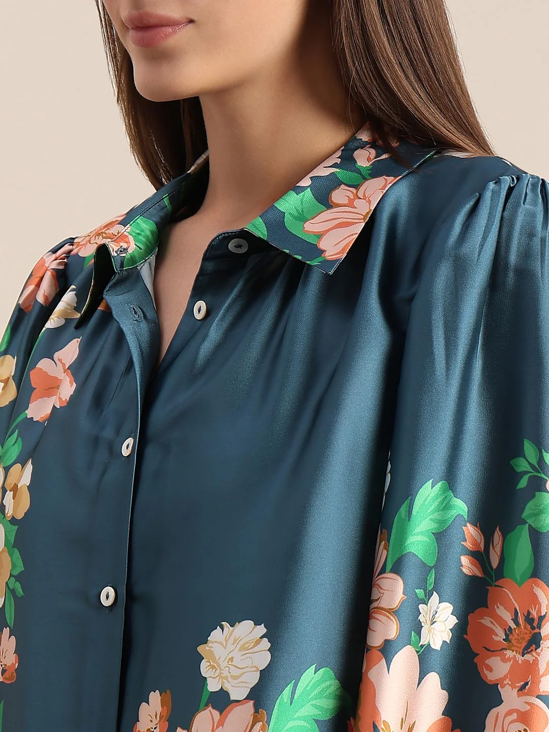 Teal Floral Satin Shirt - Image 8