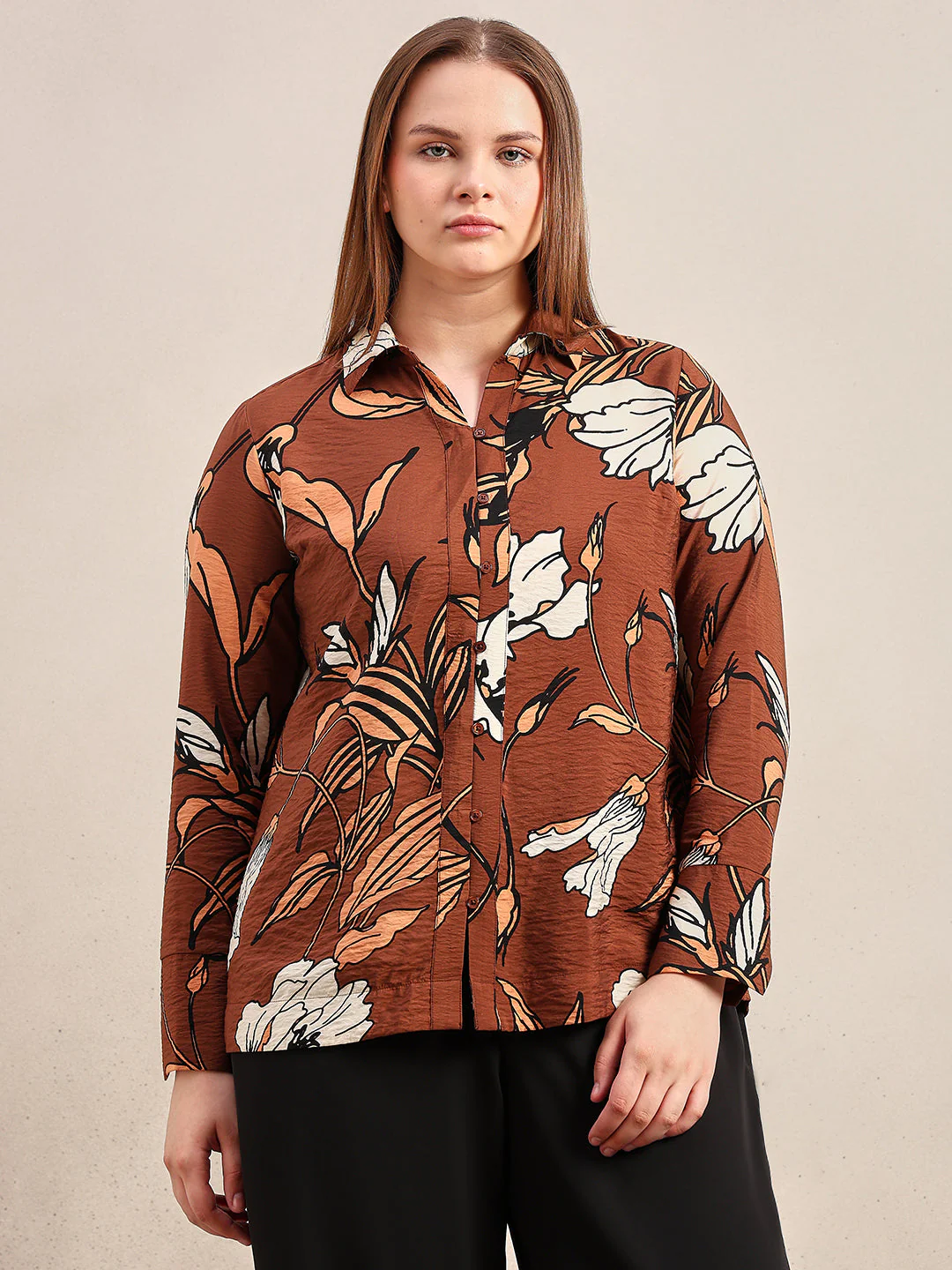 CURVE Dark Brown Floral Shirt - Image 2