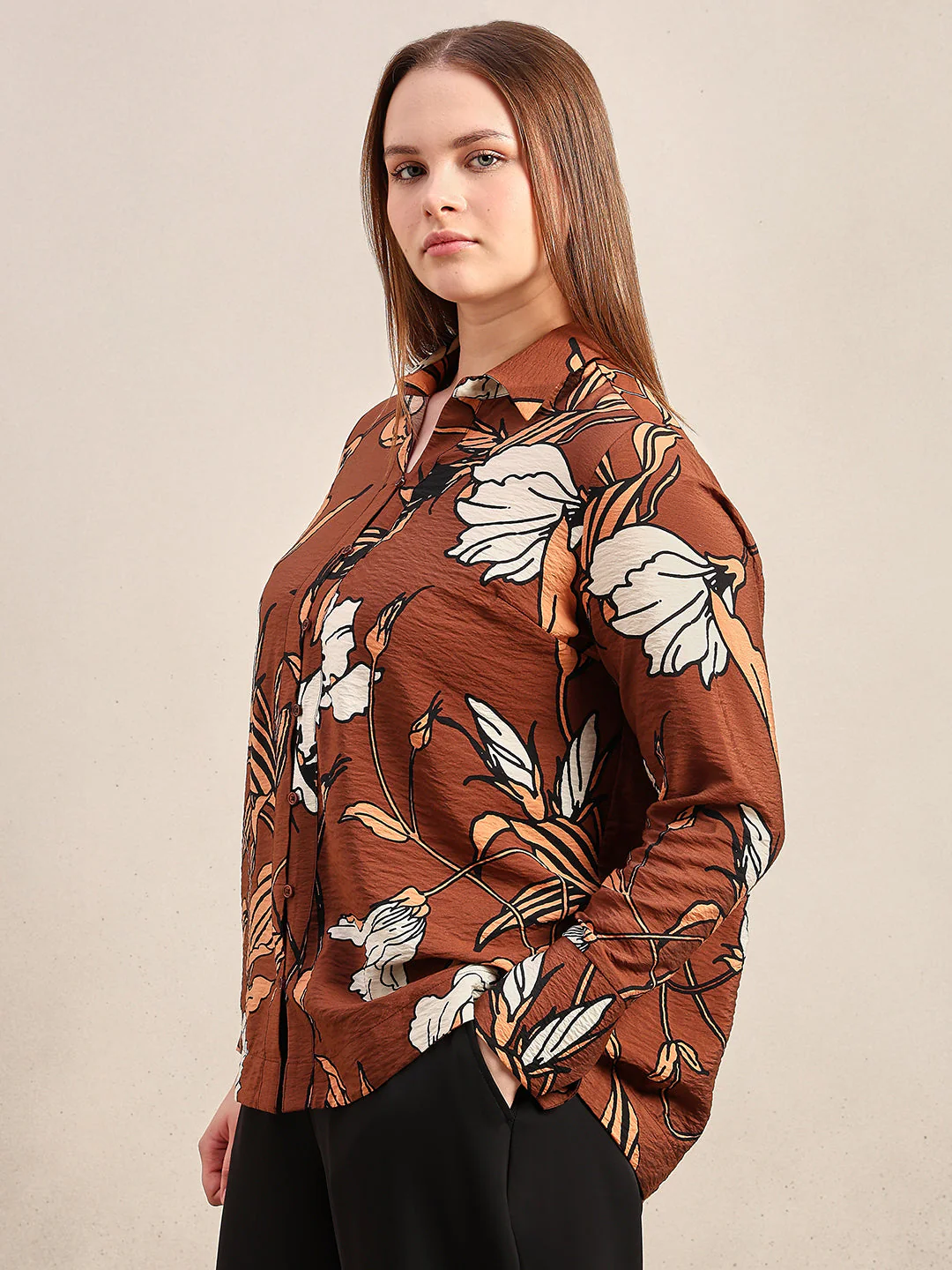 CURVE Dark Brown Floral Shirt - Image 3