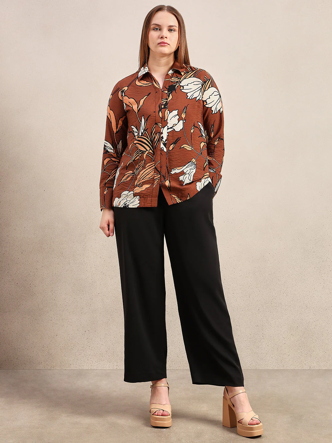 CURVE Dark Brown Floral Shirt - Image 5