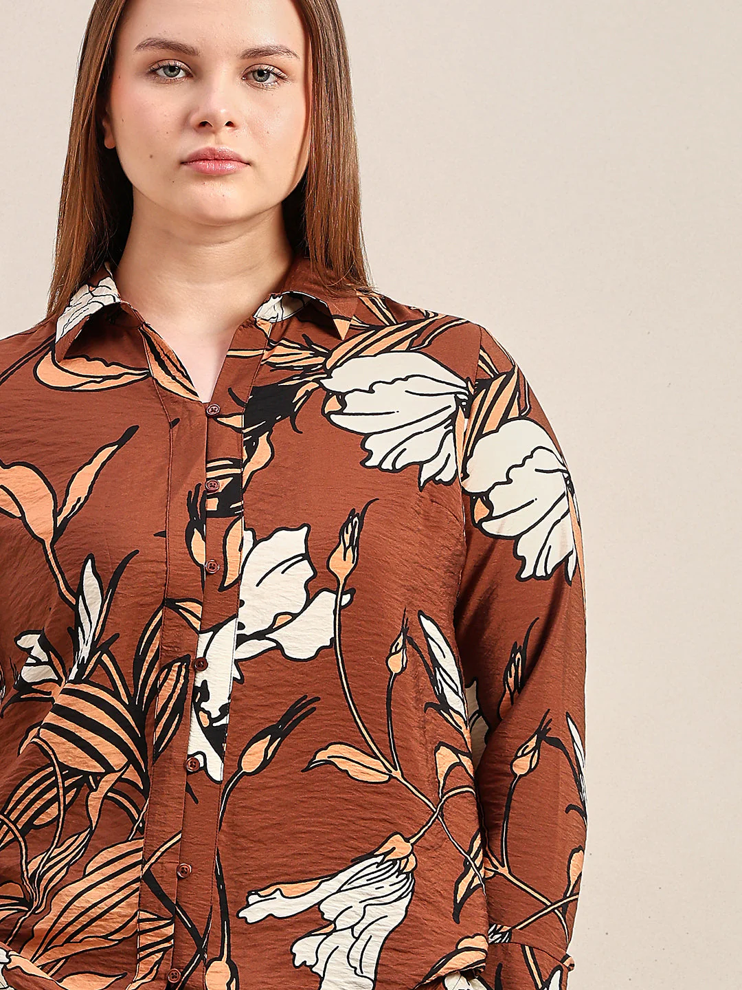 CURVE Dark Brown Floral Shirt - Image 6