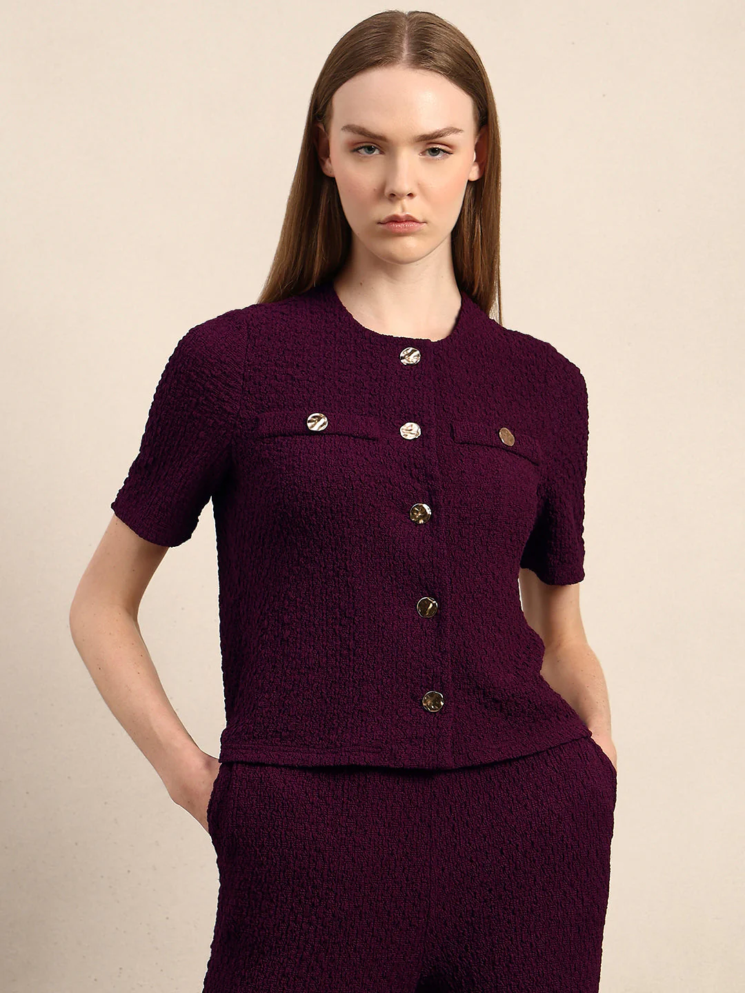 Golden Button Textured Knit Top - Image 2