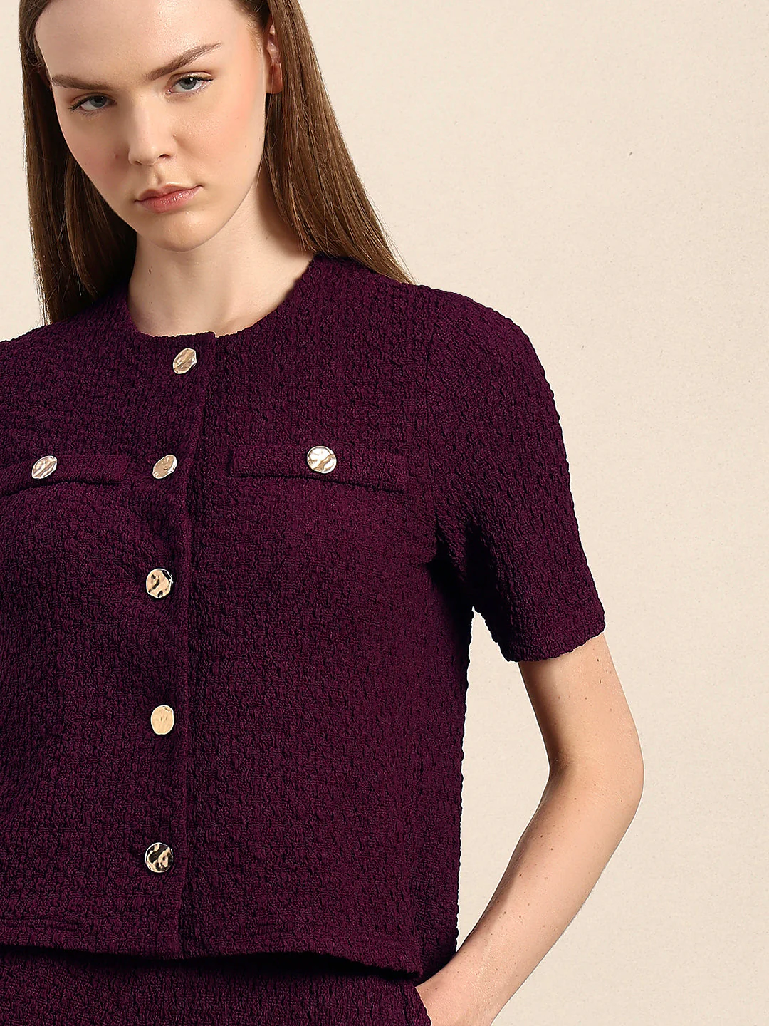 Golden Button Textured Knit Top - Image 6
