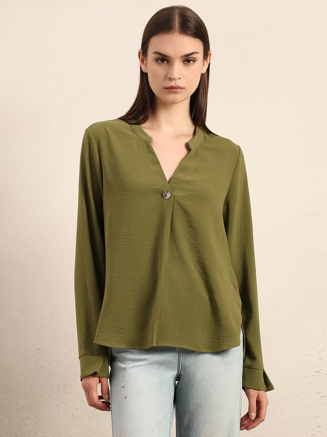 Green Button Detail V-Neck Top - Image 2