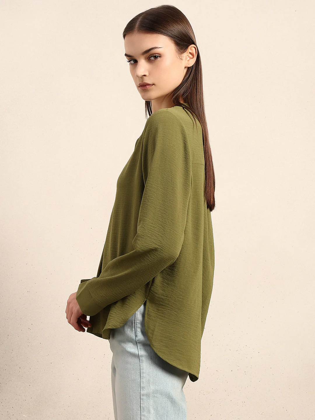 Green Button Detail V-Neck Top - Image 3