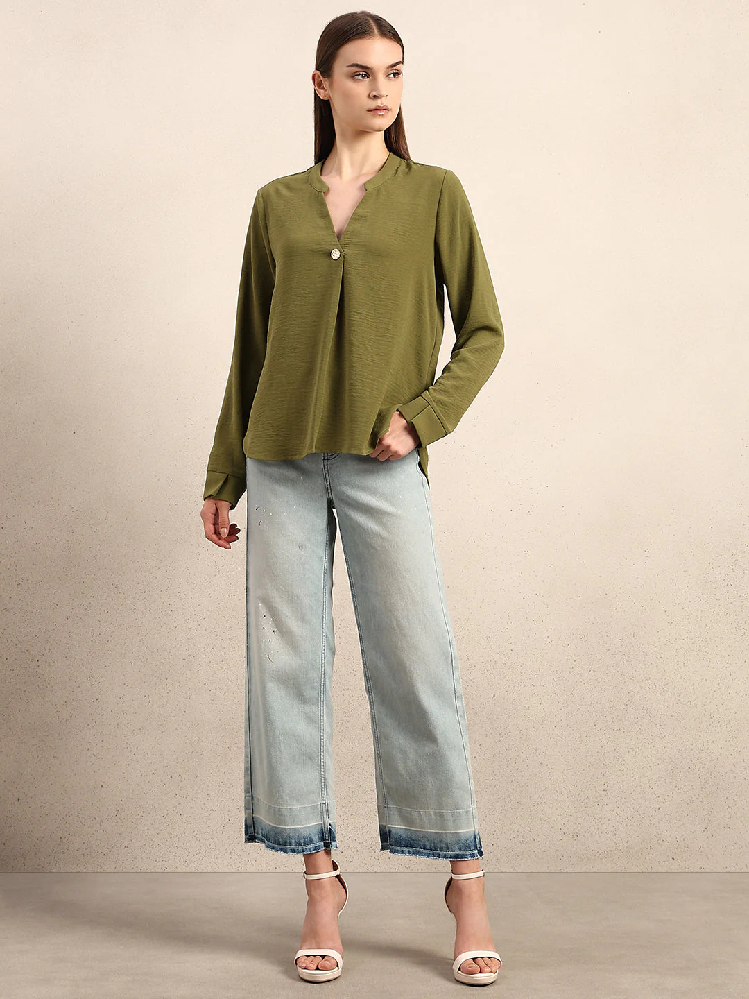 Green Button Detail V-Neck Top - Image 5
