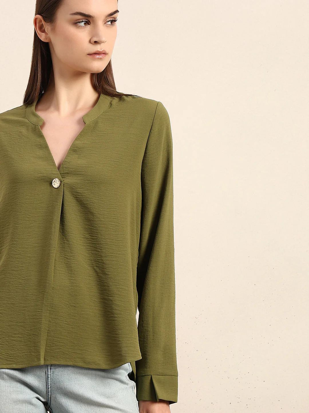 Green Button Detail V-Neck Top - Image 6