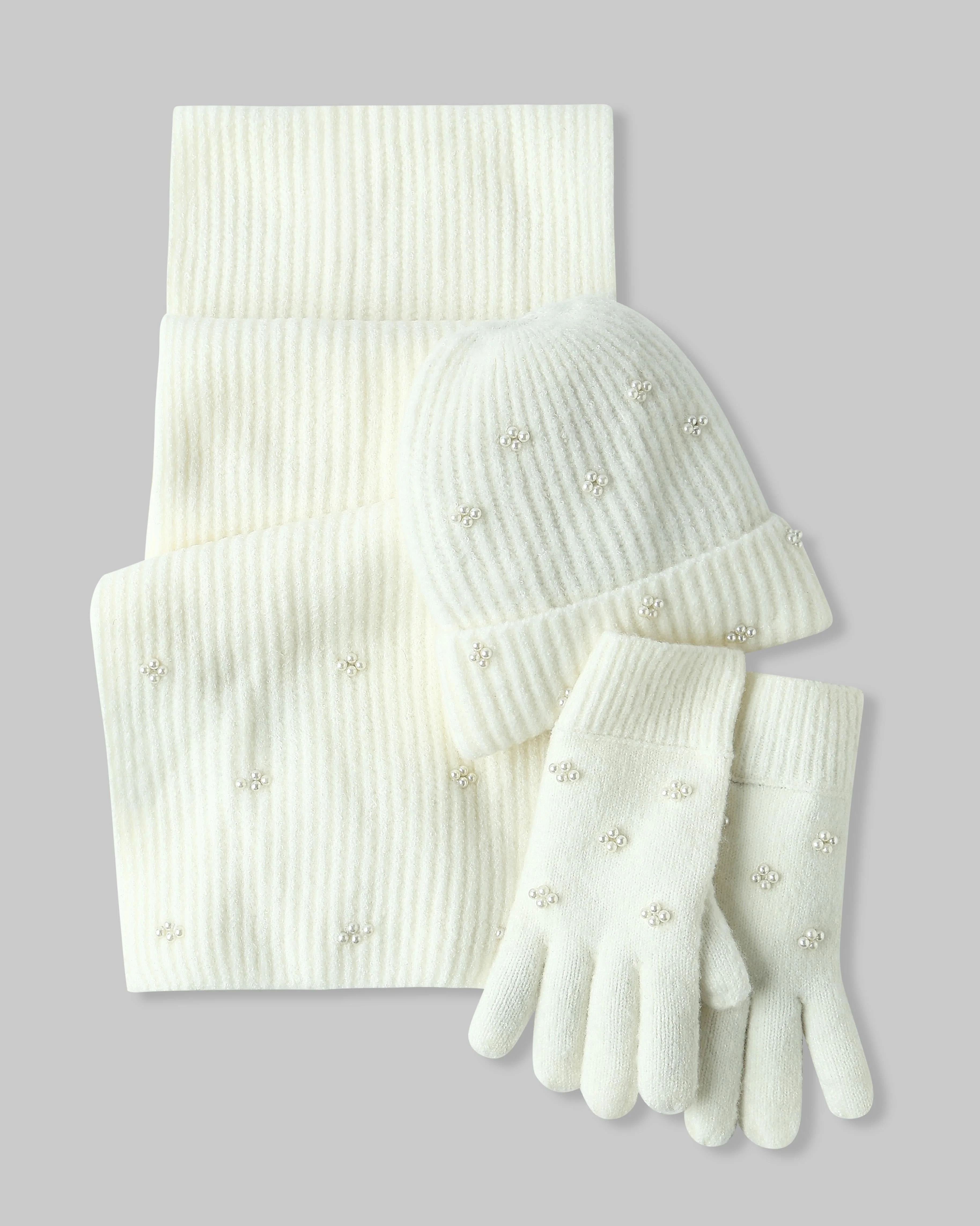 White Pearl Embellished Gloves-Scarf-Beanie Set - Image 2