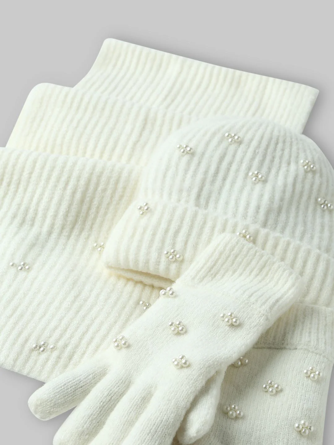 White Pearl Embellished Gloves-Scarf-Beanie Set - Image 6