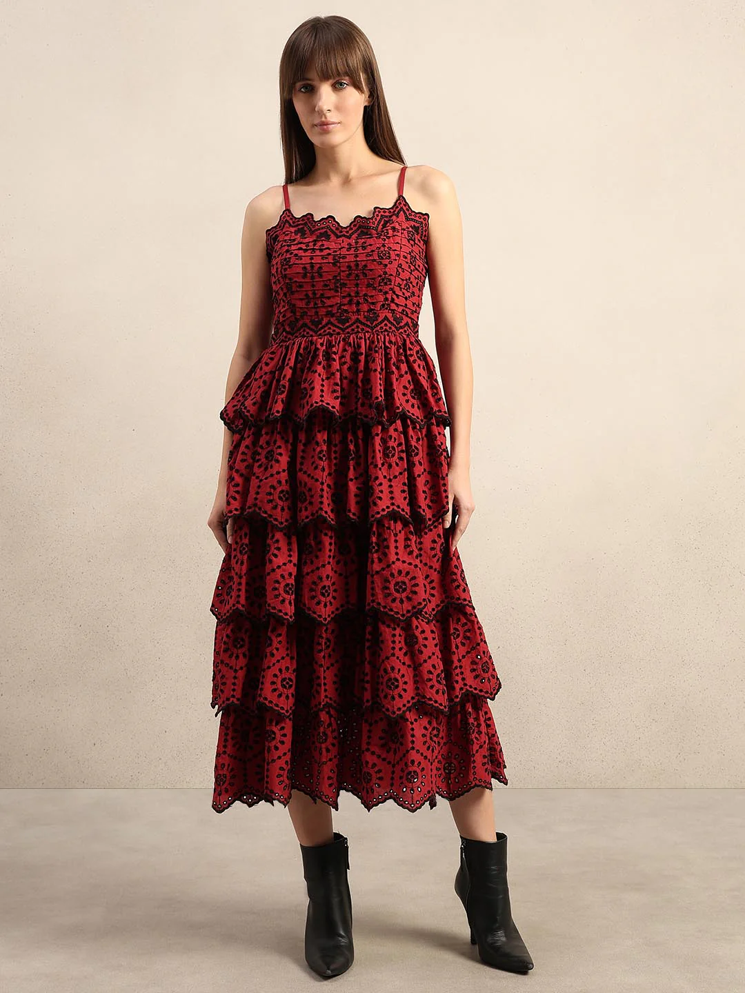 Dark Red Cut-Work Midaxi Dress - Image 2