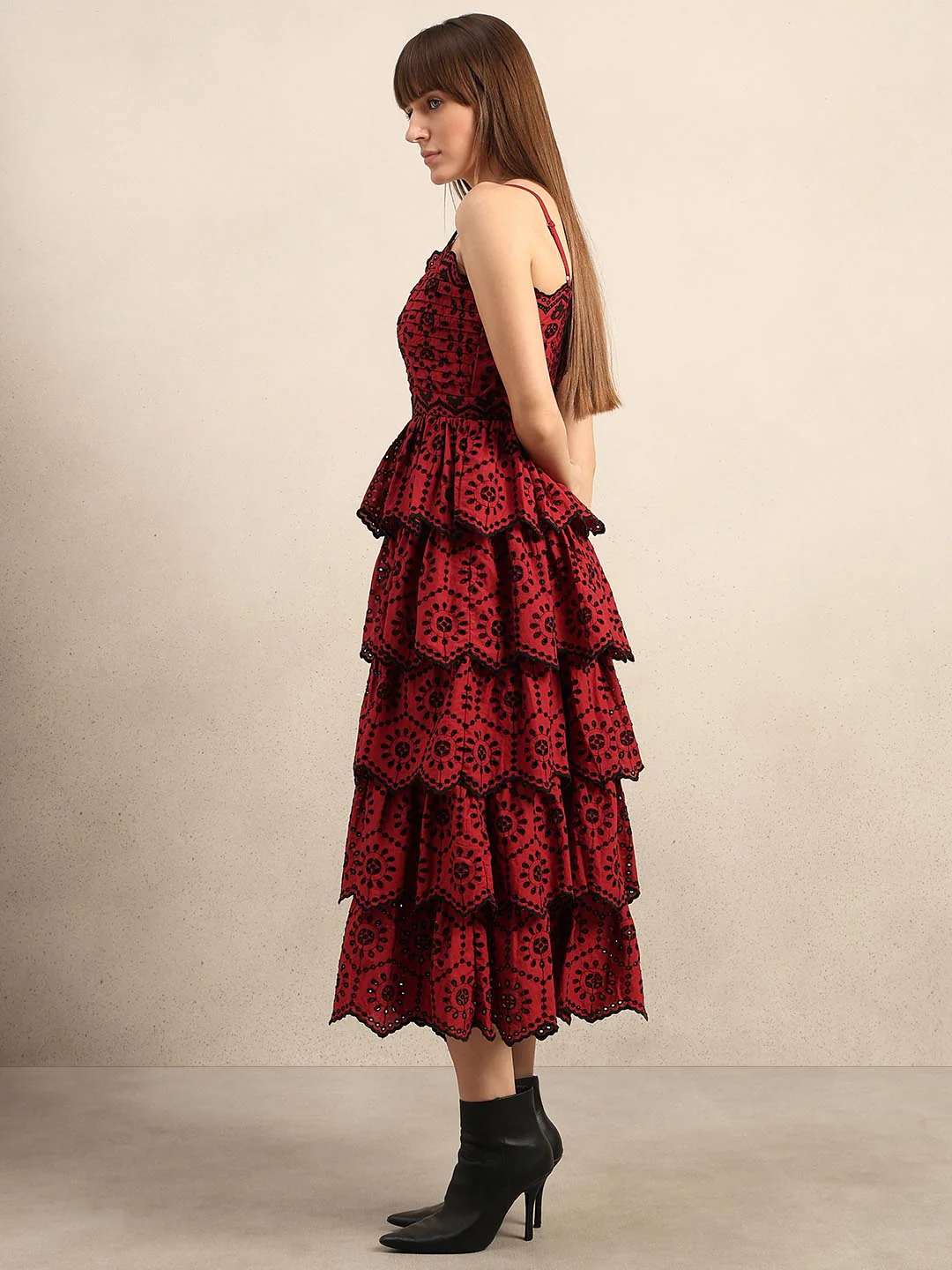 Dark Red Cut-Work Midaxi Dress - Image 3