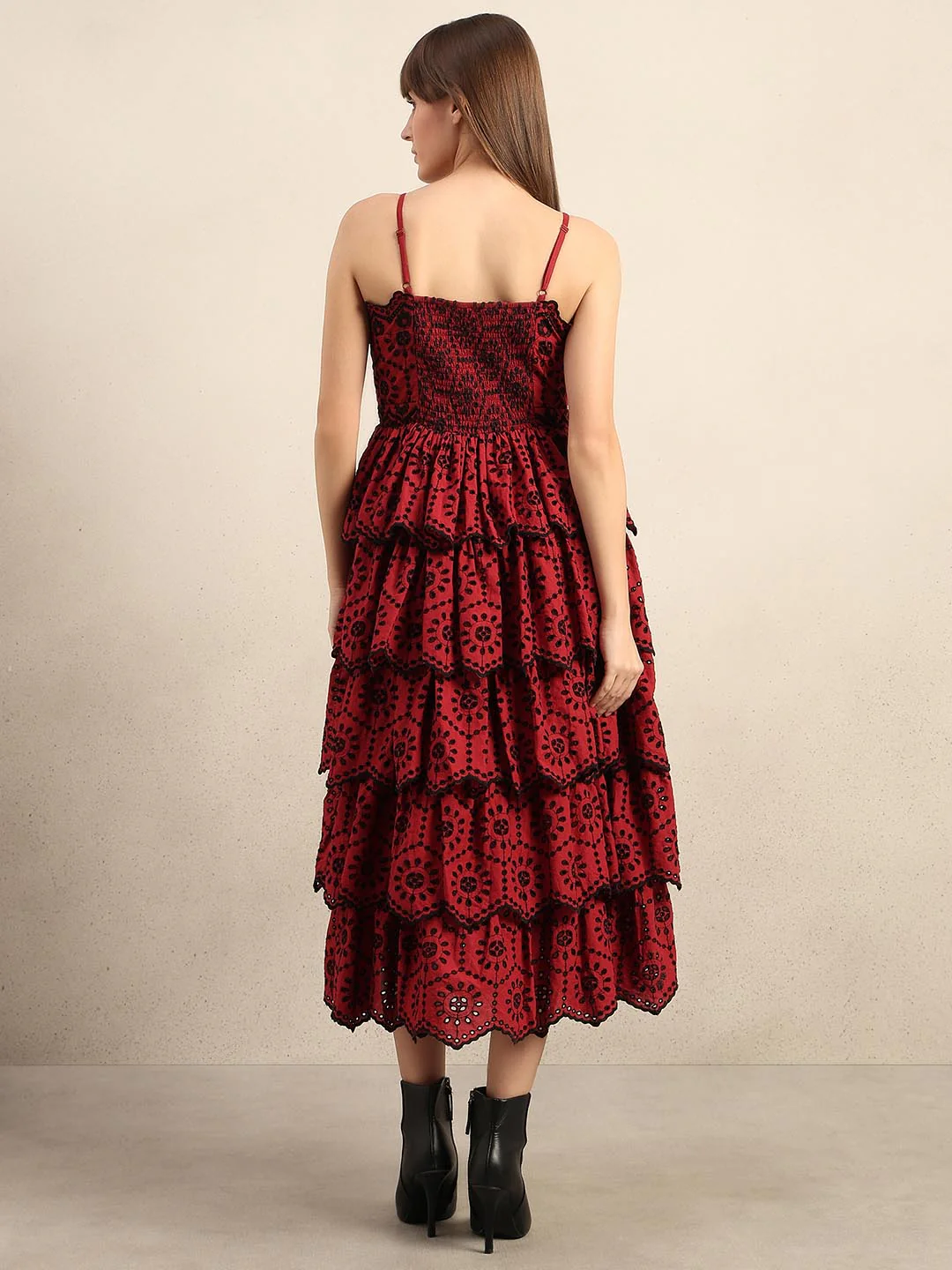 Dark Red Cut-Work Midaxi Dress - Image 4
