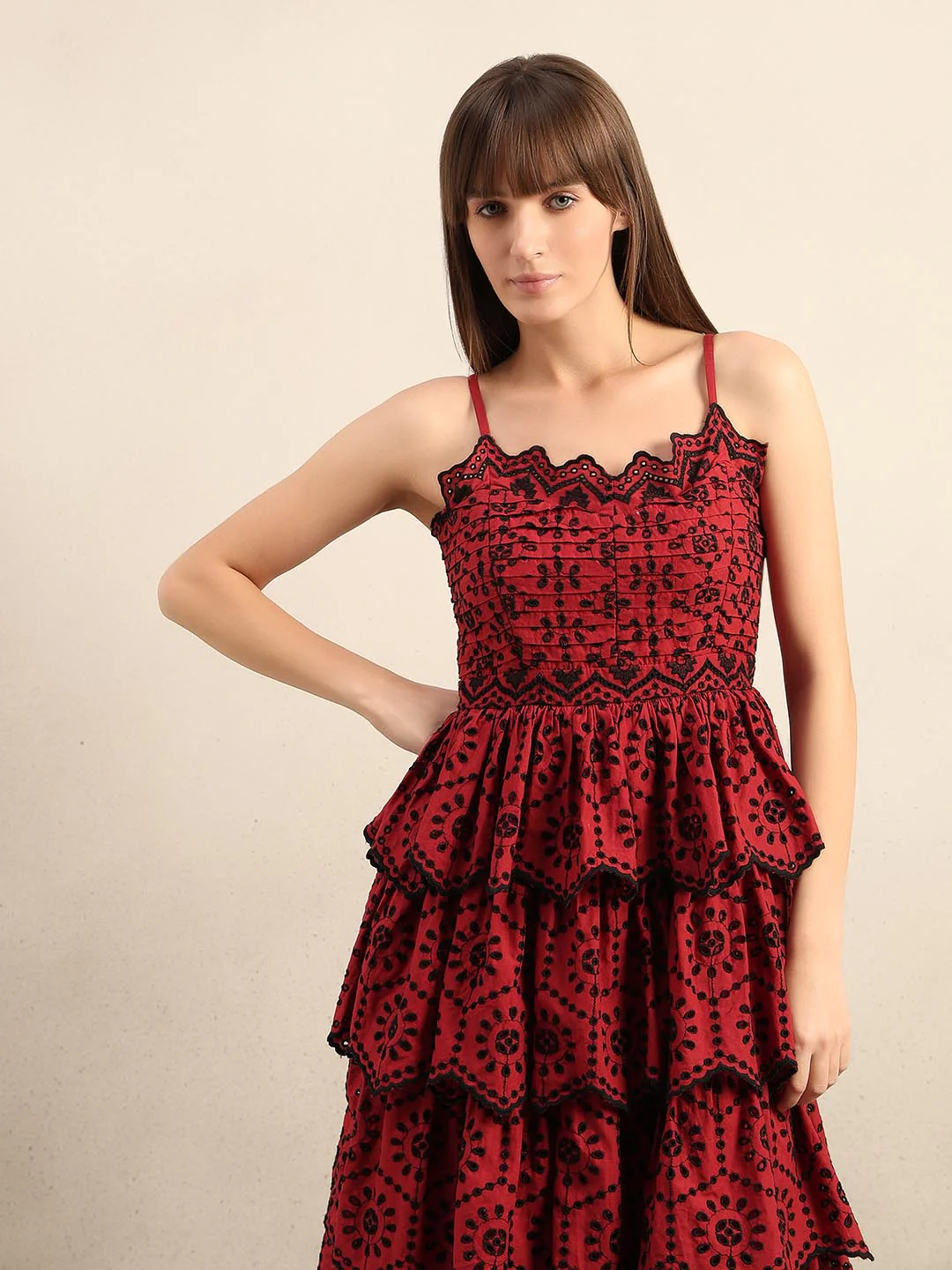 Dark Red Cut-Work Midaxi Dress - Image 5
