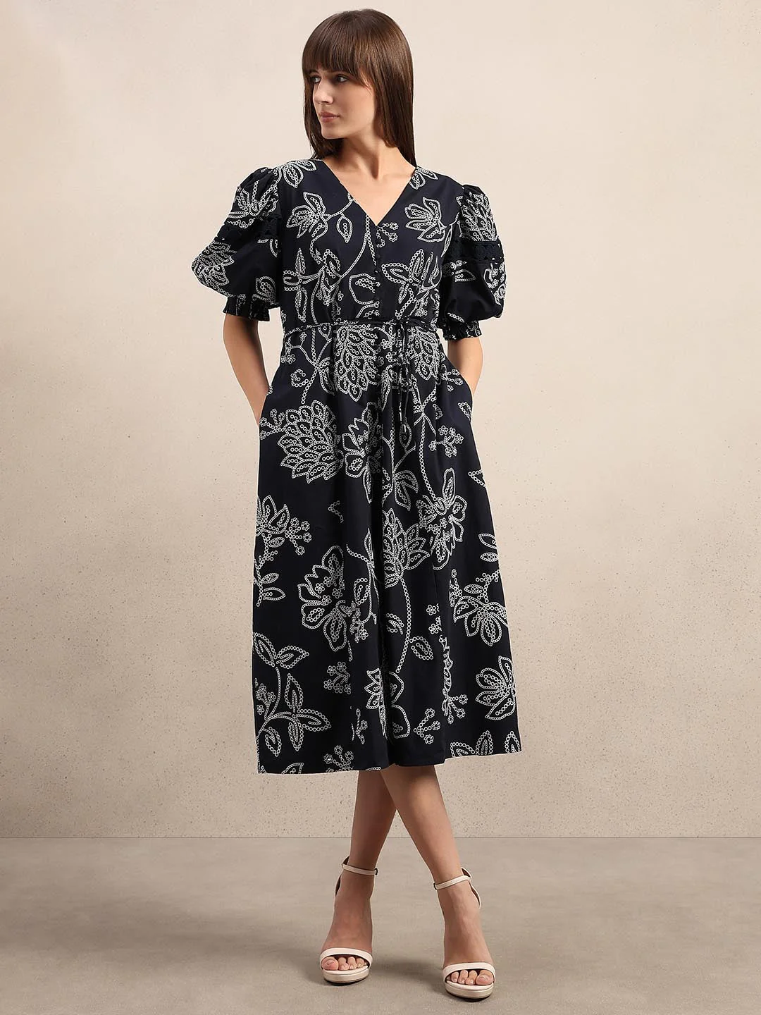 Navy Blue Printed Midi Dress - Image 2
