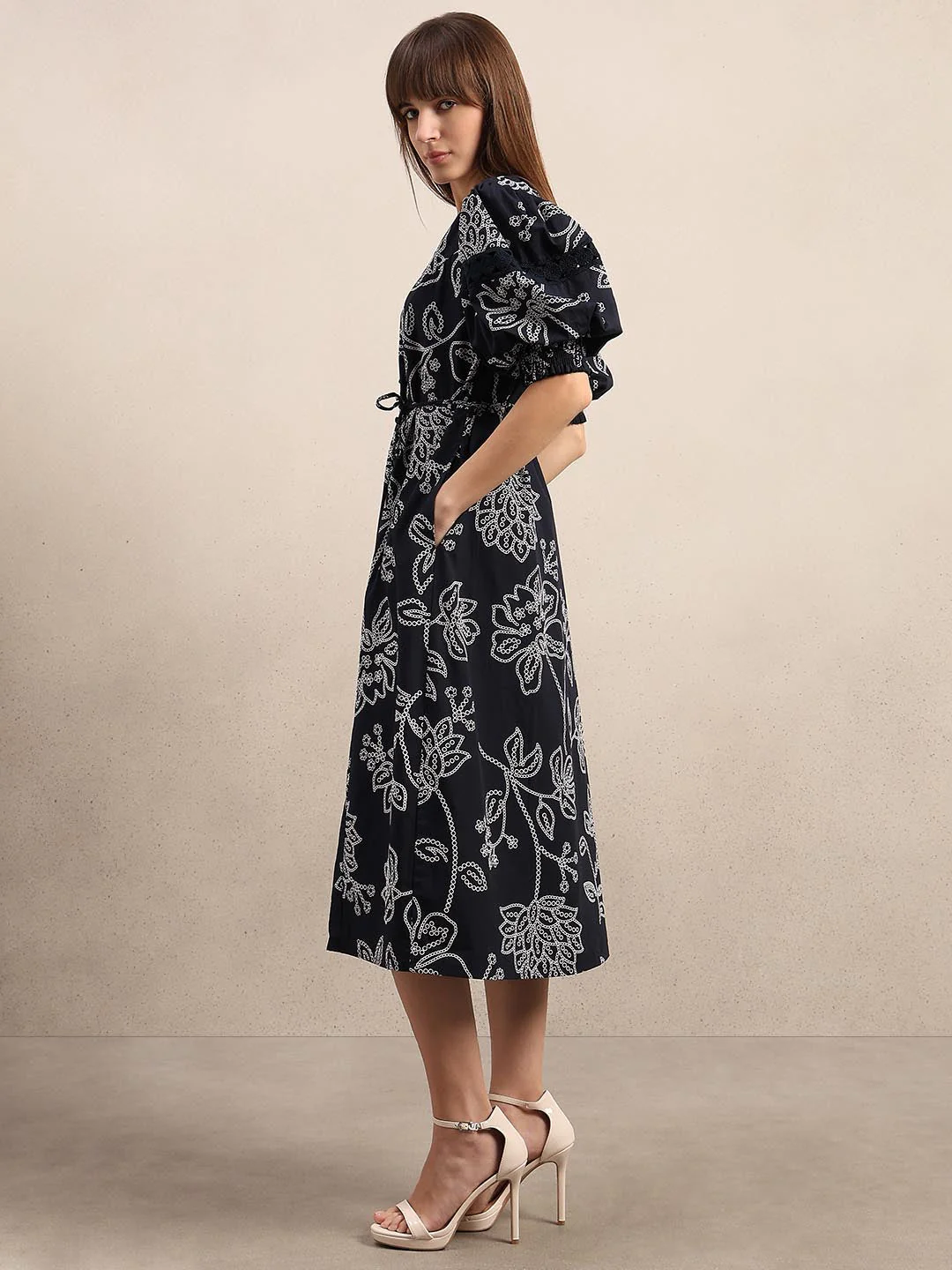 Navy Blue Printed Midi Dress - Image 3
