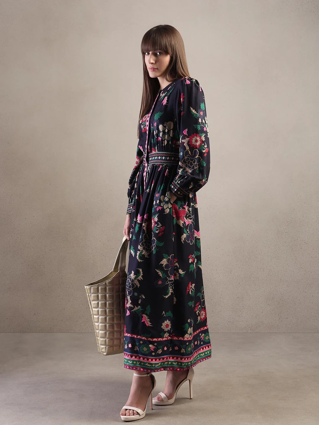 Navy Blue Printed Midaxi Dress