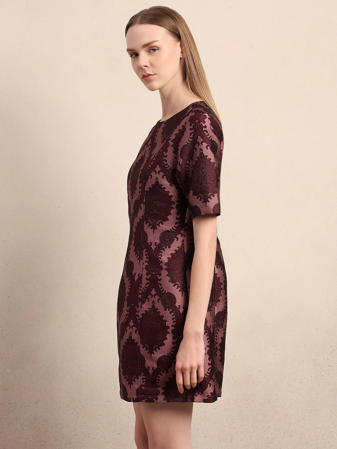 Maroon Printed Mini Dress - Image 3